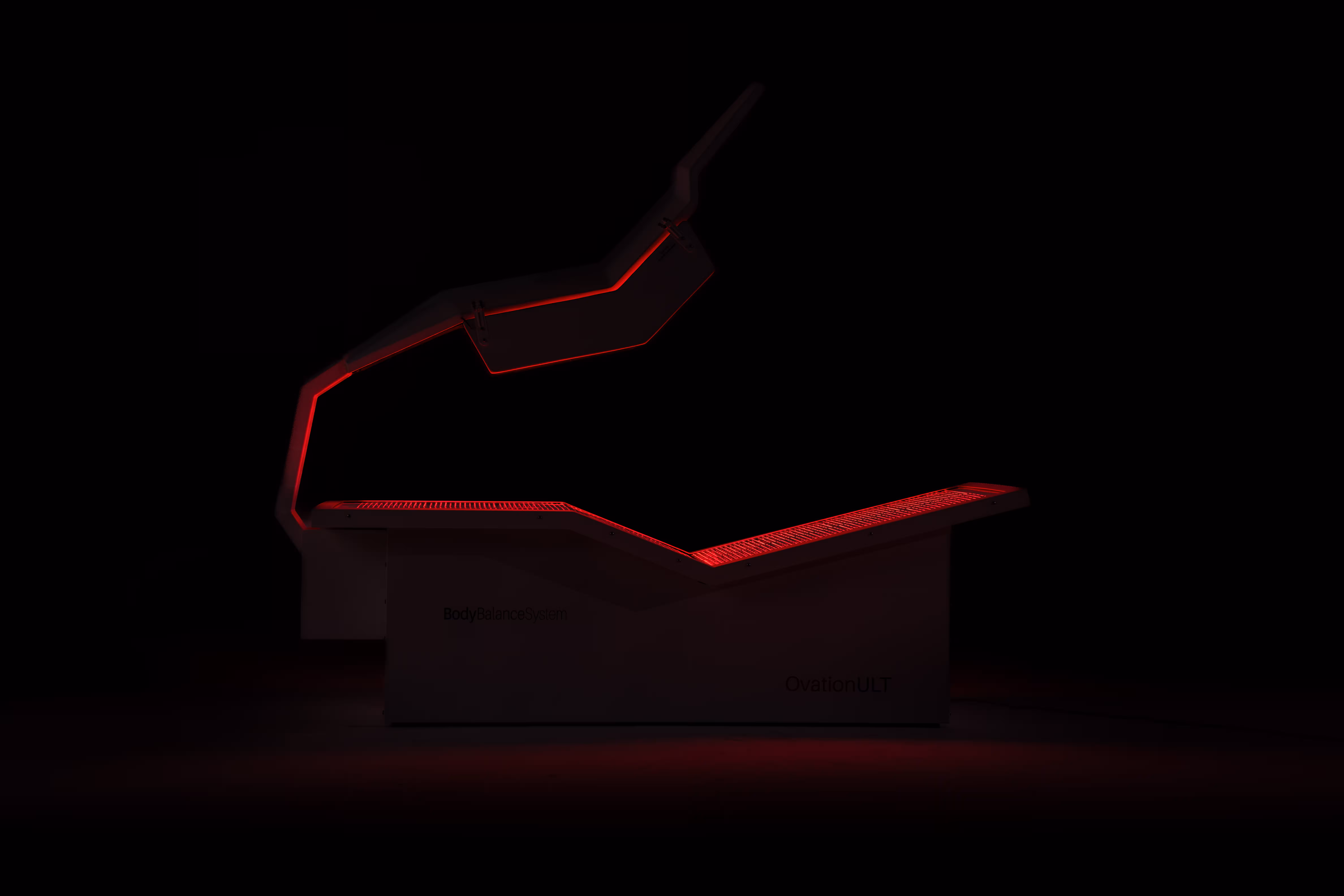 OvationULT commercial red light therapy bed open view showing accessibility features - Lit Up
